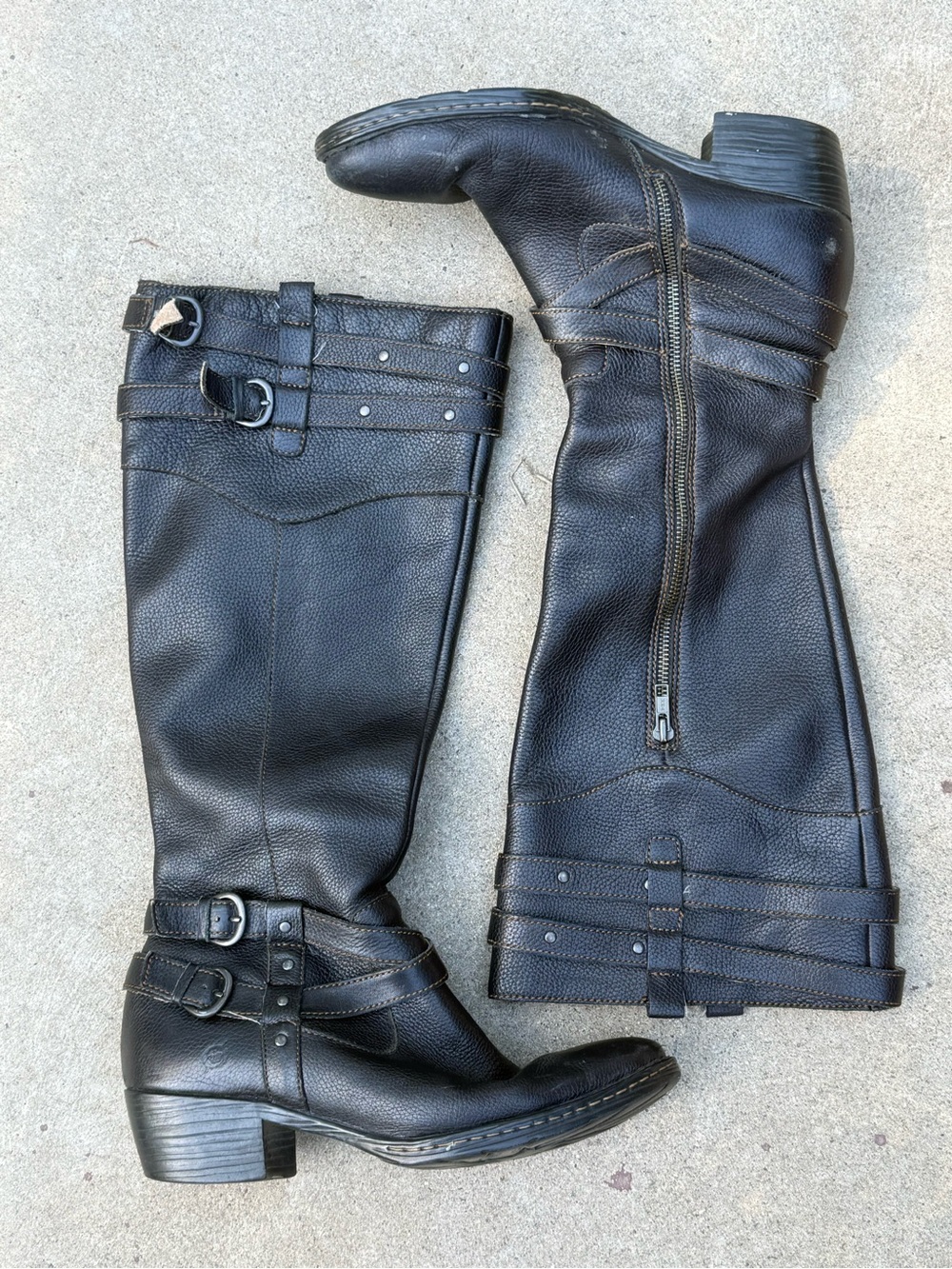 Women's BORN Black Leather Moto Riding Boots Size 10 Buckle Knee High